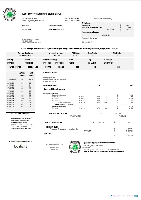 Download USA West Boylston business utility bill template in Word and PDF formats Photoshop template